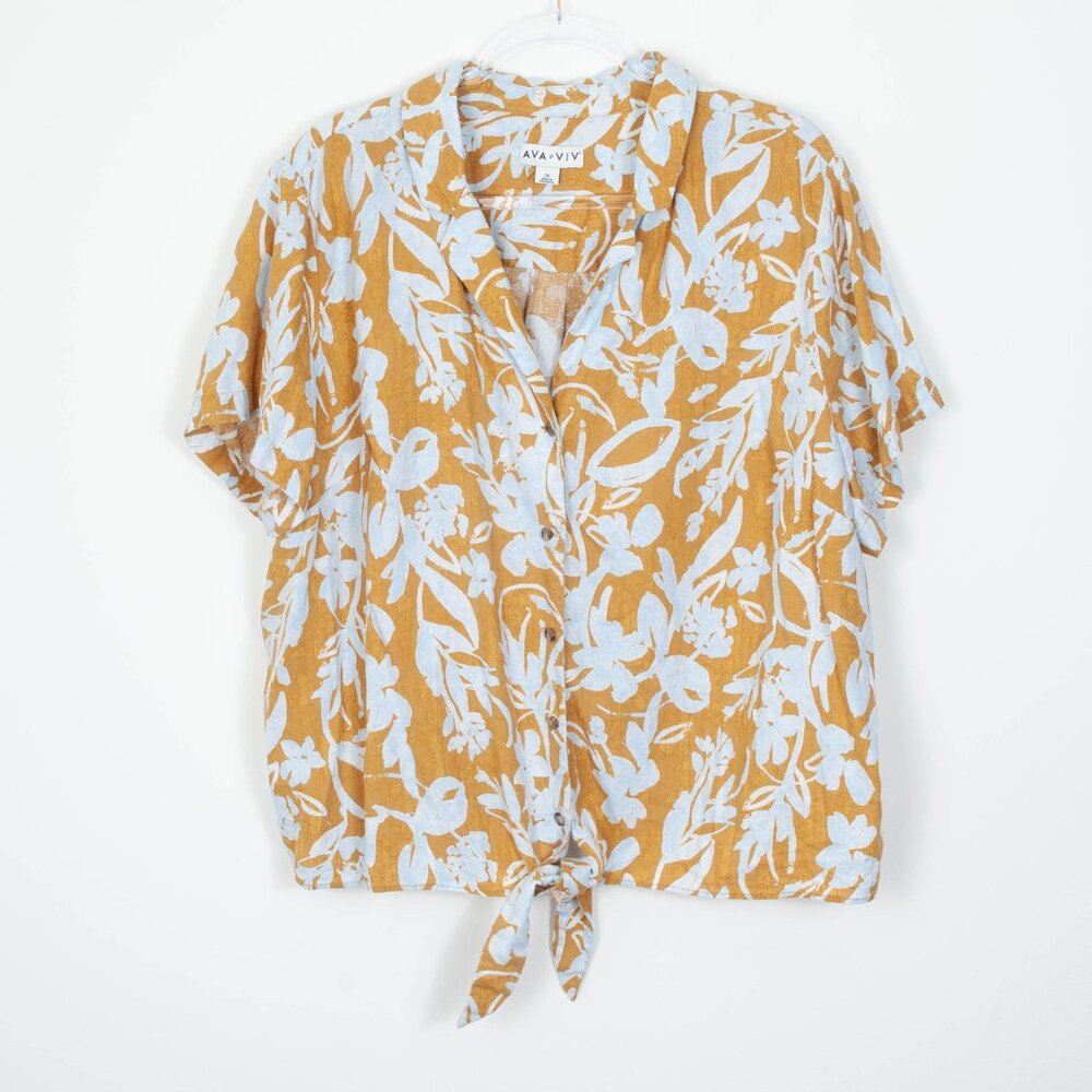 Ava & Viv Womens Floral Button Tie Linen Blend Short Sleeve Shirt Boho‎ Size 2X